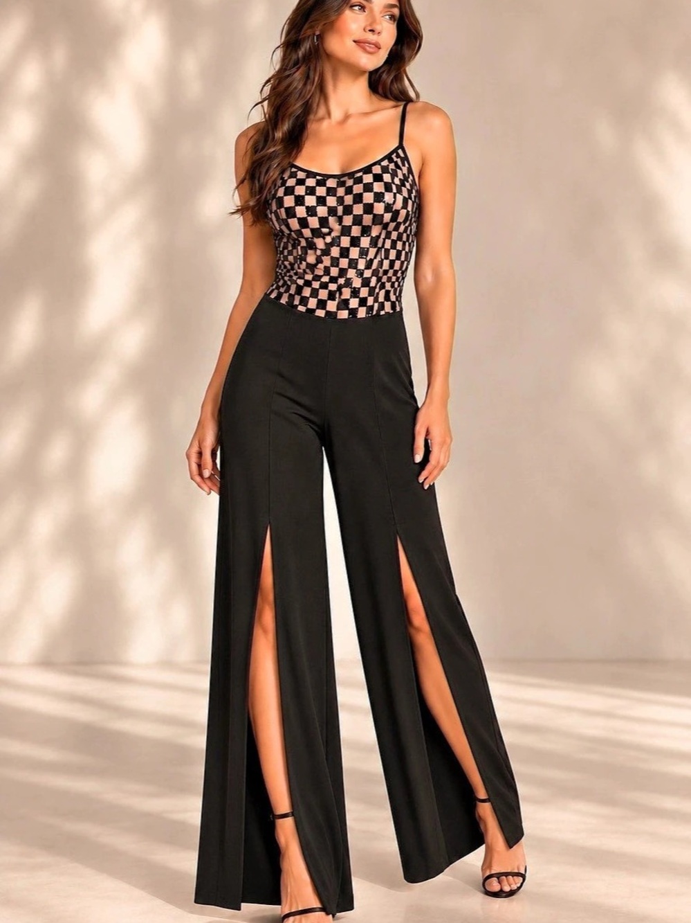 Checkered Wide Leg Jumpsuit in Black & Nude Size Medium